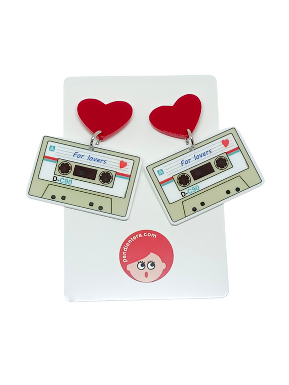 Pendientes Cassettes corazones rojos