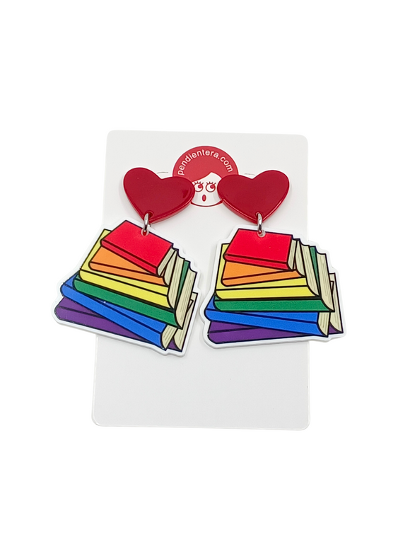Pendientes Libros arcoiris y corazones