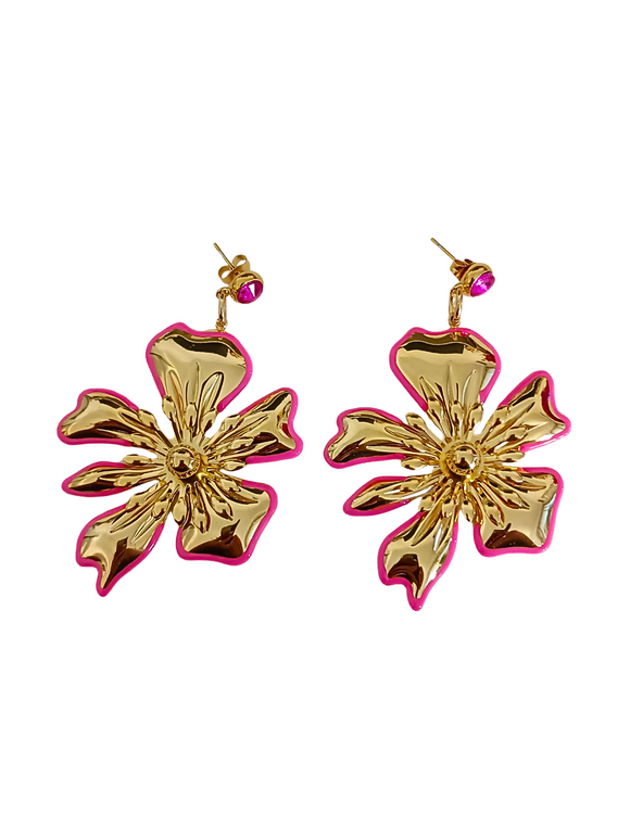 Pendientes maxi Flores doradas y fucsias