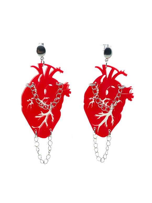 Pendientes Corazón anatómico rojo y cadenas