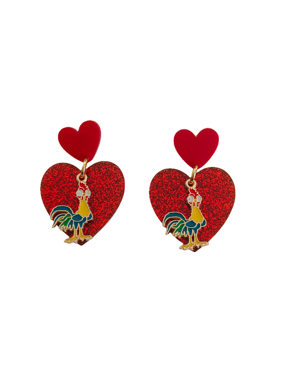 Pendientes Gallo Hei y corazón glitter