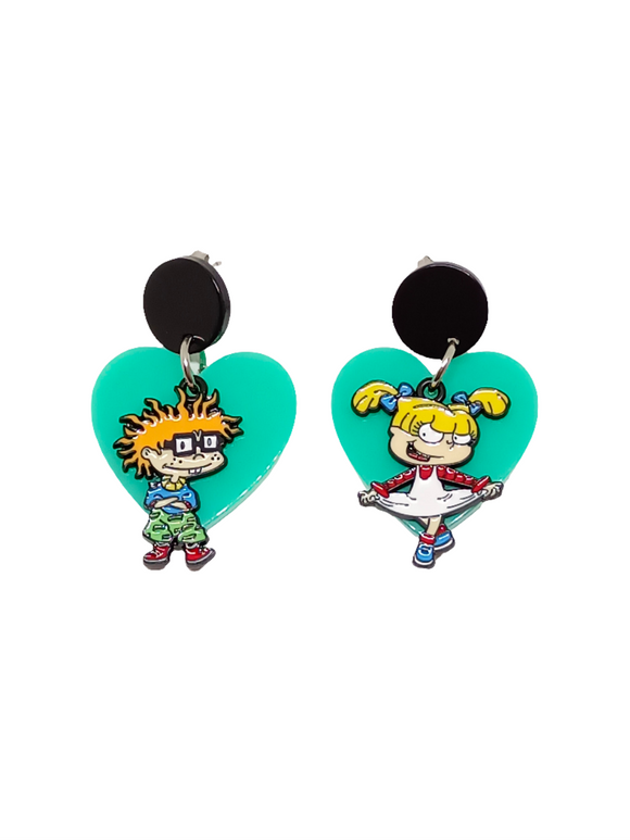 Pendientes Carlitos y Angélica de Rugrats y corazón