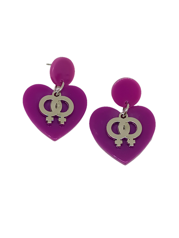 Pendientes Corazones violetas y símbolos de la mujer