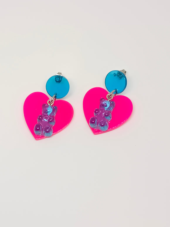Blue Gummy Bear and Heart Earrings