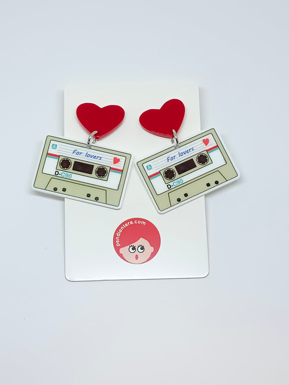 Pendientes Cassettes corazones rojos