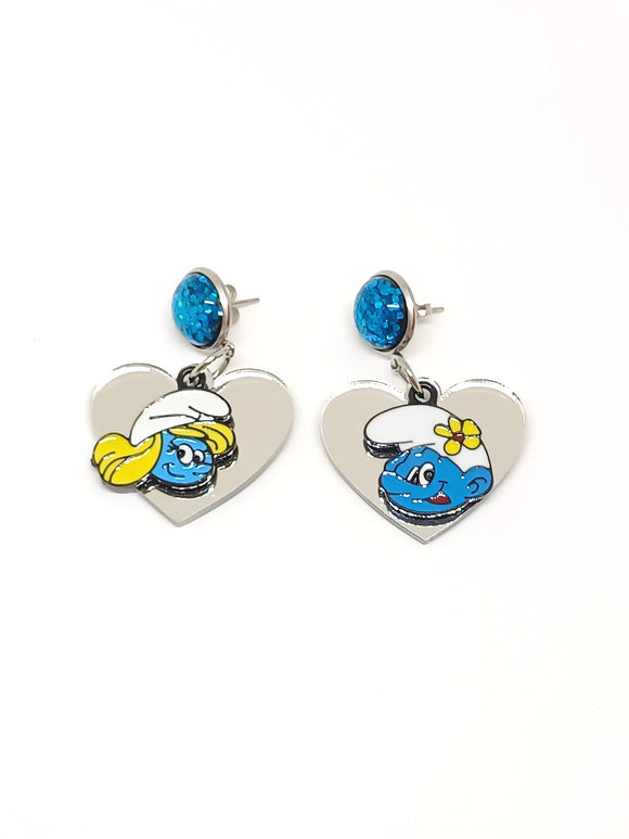 Smurf, Smurfette and heart earrings