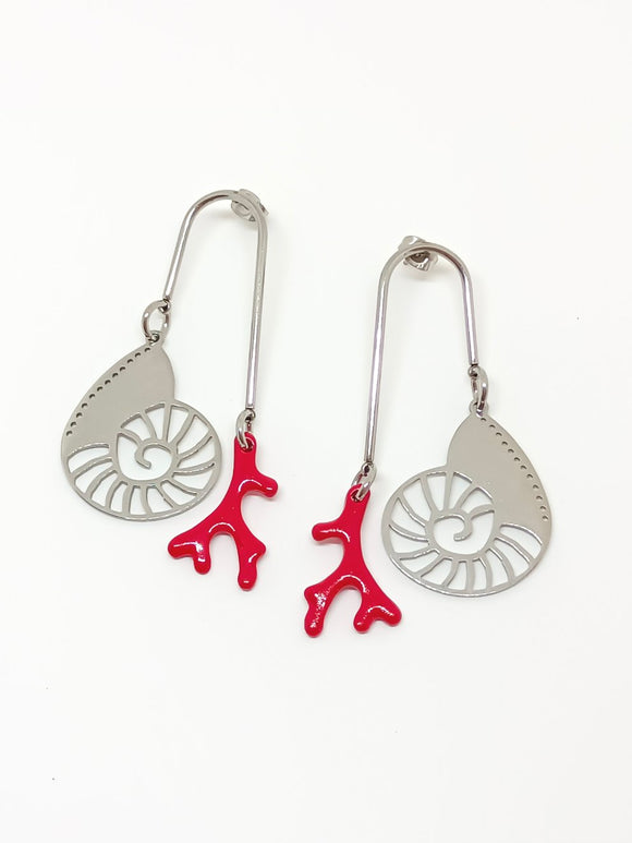 Nautilus and coral earrings