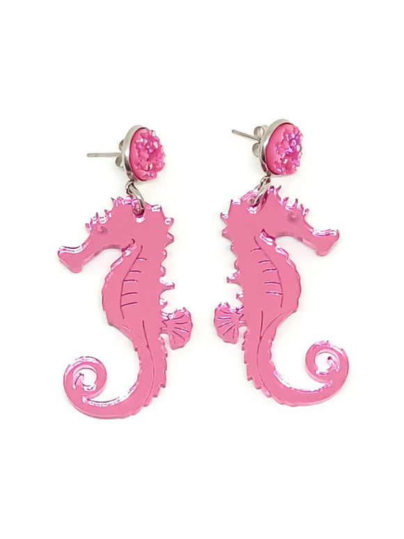 Pink mirror seahorse earrings