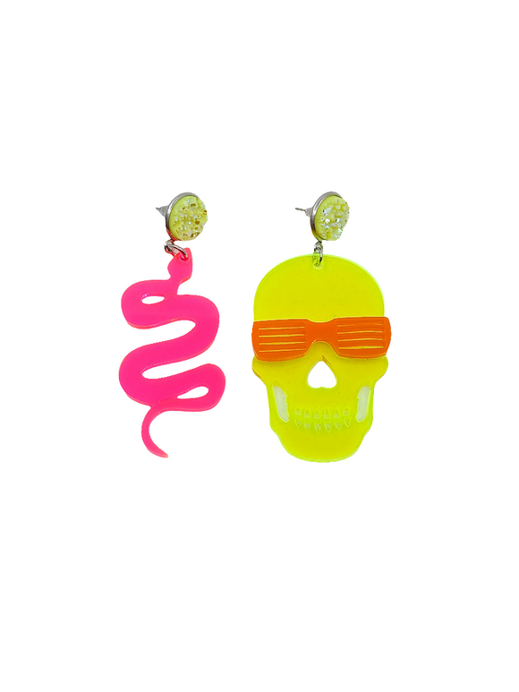 Pendientes asimétricos Calavera con gafas y serpiente