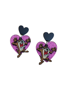 Pendientes Diablo de Tasmania y corazón glitter