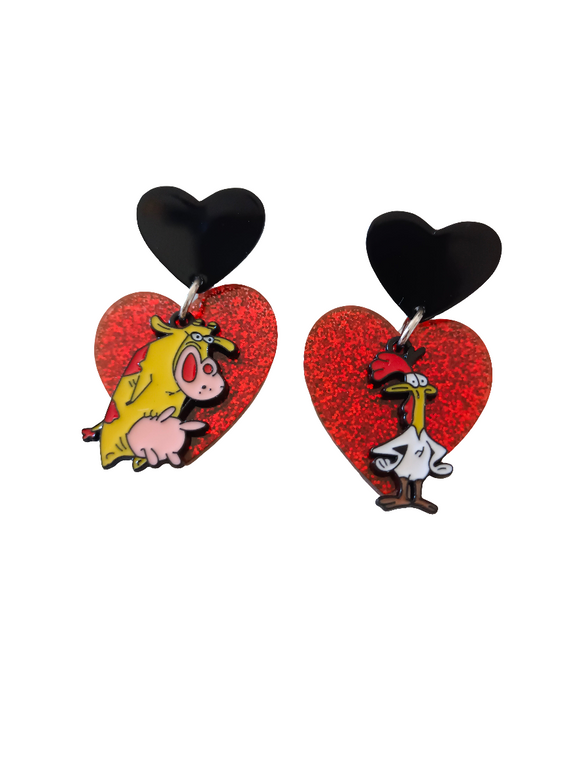 Pendientes Vaca y pollo y corazón glitter