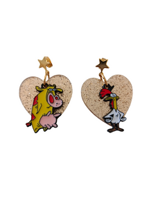 Pendientes Vaca y pollo y corazón glitter