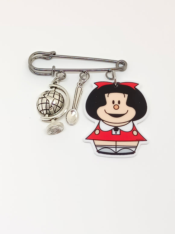 Kokeshi Mafalda safety pin brooch