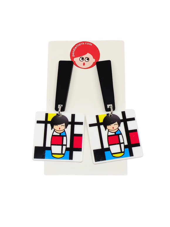 Mondrian-style Kokeshi earrings