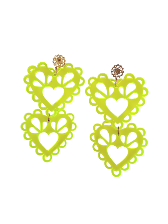 Pendientes maxi Corazones mexicanos neón amarillo