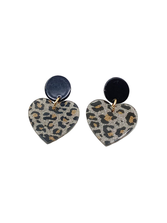 Pendientes corazones leopardo glitter gris