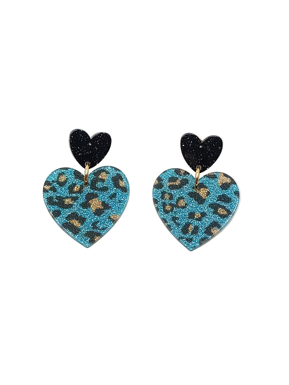 Pendientes Corazones leopardo glitter azul