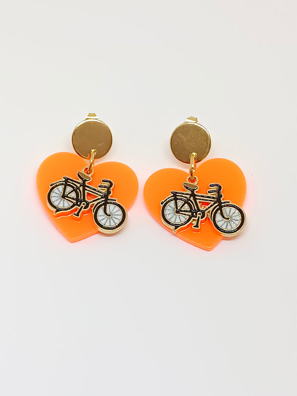 Bicycle and orange heart earrings