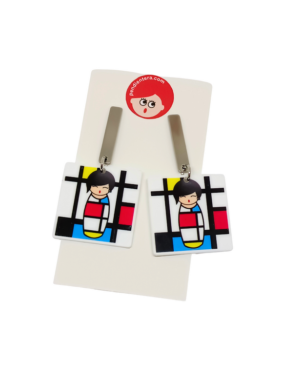 Mondrian-style Kokeshi earrings