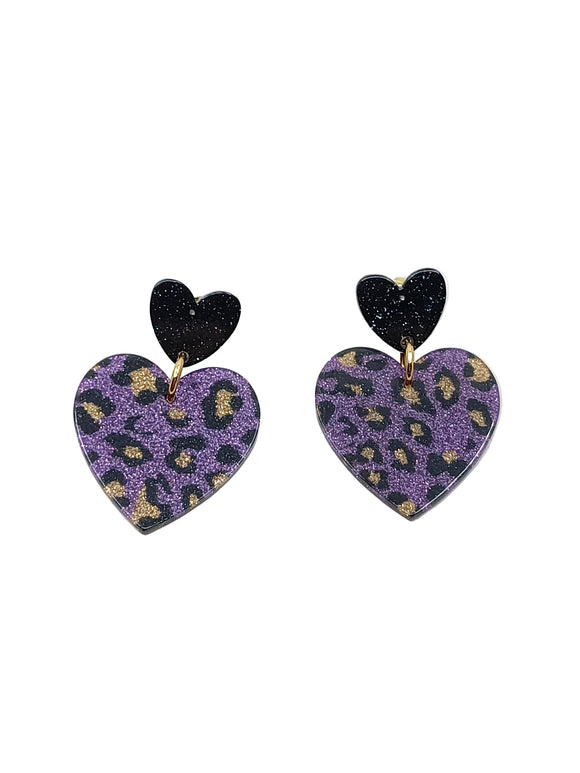 Pendientes corazones leopardo glitter violeta