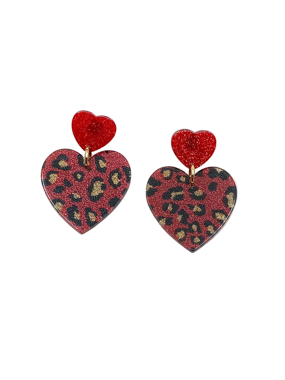Pendientes corazones leopardo glitter rojo