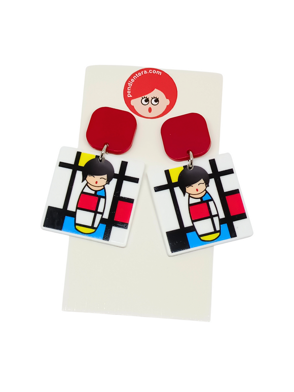 Pendientes Kokeshi estilo Mondrian
