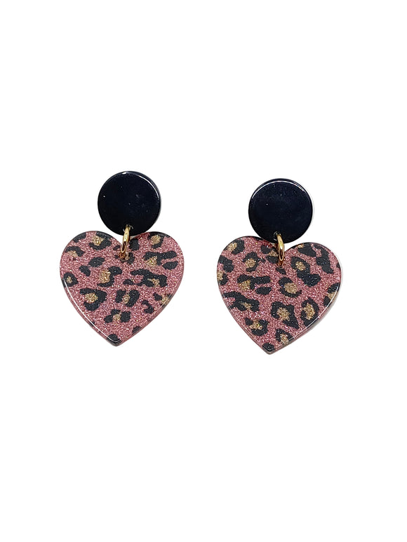 Pendientes Corazones leopardo glitter rosa