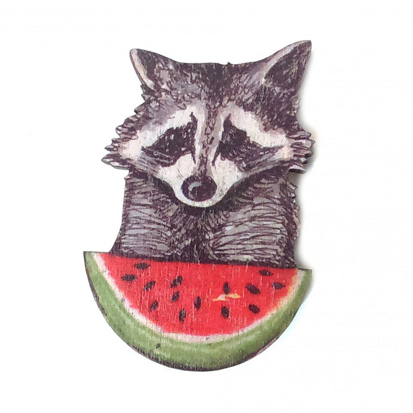 Raccoon with watermelon wooden brooch