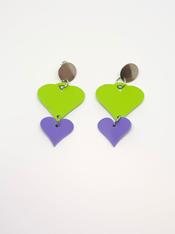 Green and violet hearts earrings