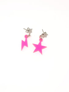 Lightning bolt and pink neon star earrings