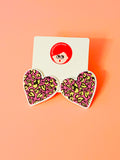 Pink/yellow leopard heart earrings