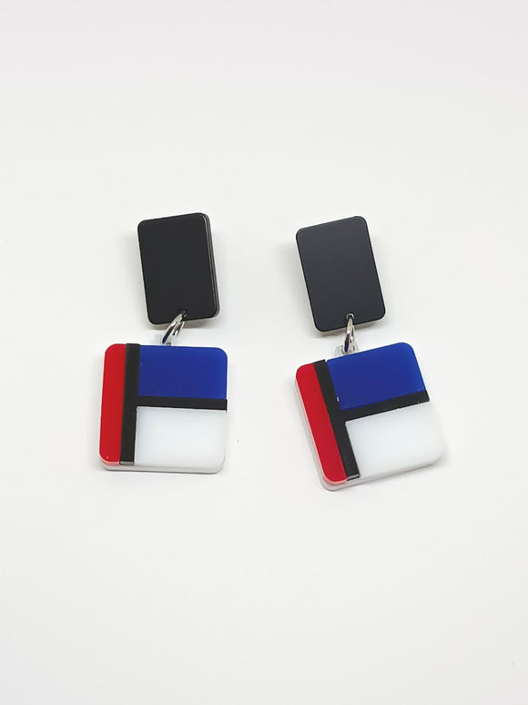 Composition earrings in red, blue and black