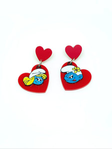 Smurf, Smurfette and red heart earrings