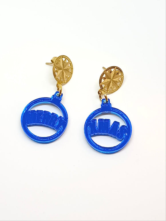 Pendientes Bolas de Navidad azule espejo