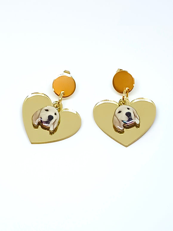 Mirror heart and dog earrings