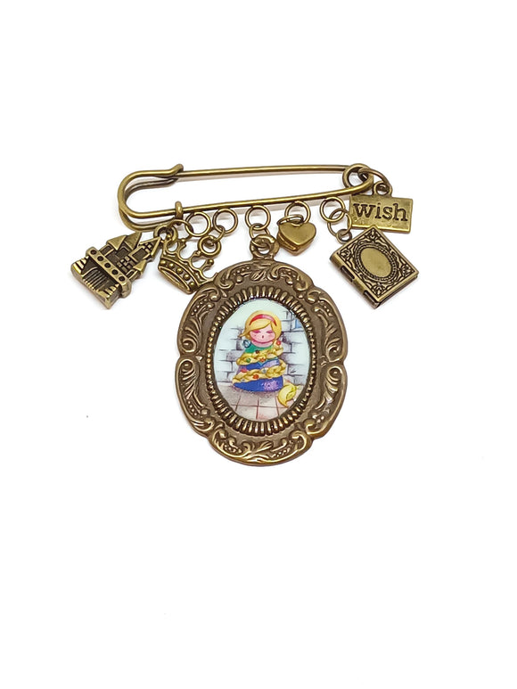 Kokeshi Rapunzel safety pin brooch