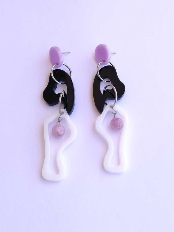 White, black and lilac Doodles earrings 