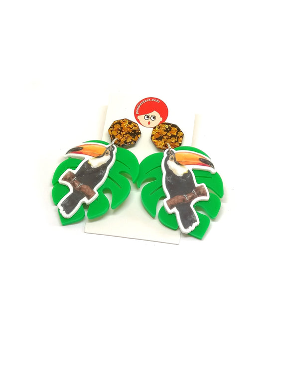 Toucan and monstera earrings